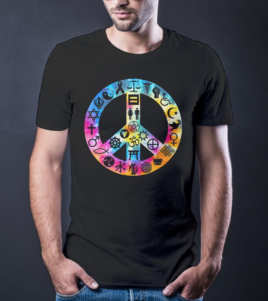 Human Rights Peace Symbol Tie Dye With Diverse Religious And Cultural Icons T-Shirt