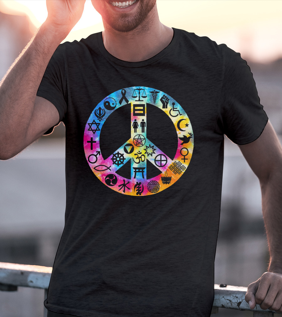 Human Rights Peace Symbol Tie Dye With Diverse Religious And Cultural Icons T-Shirt