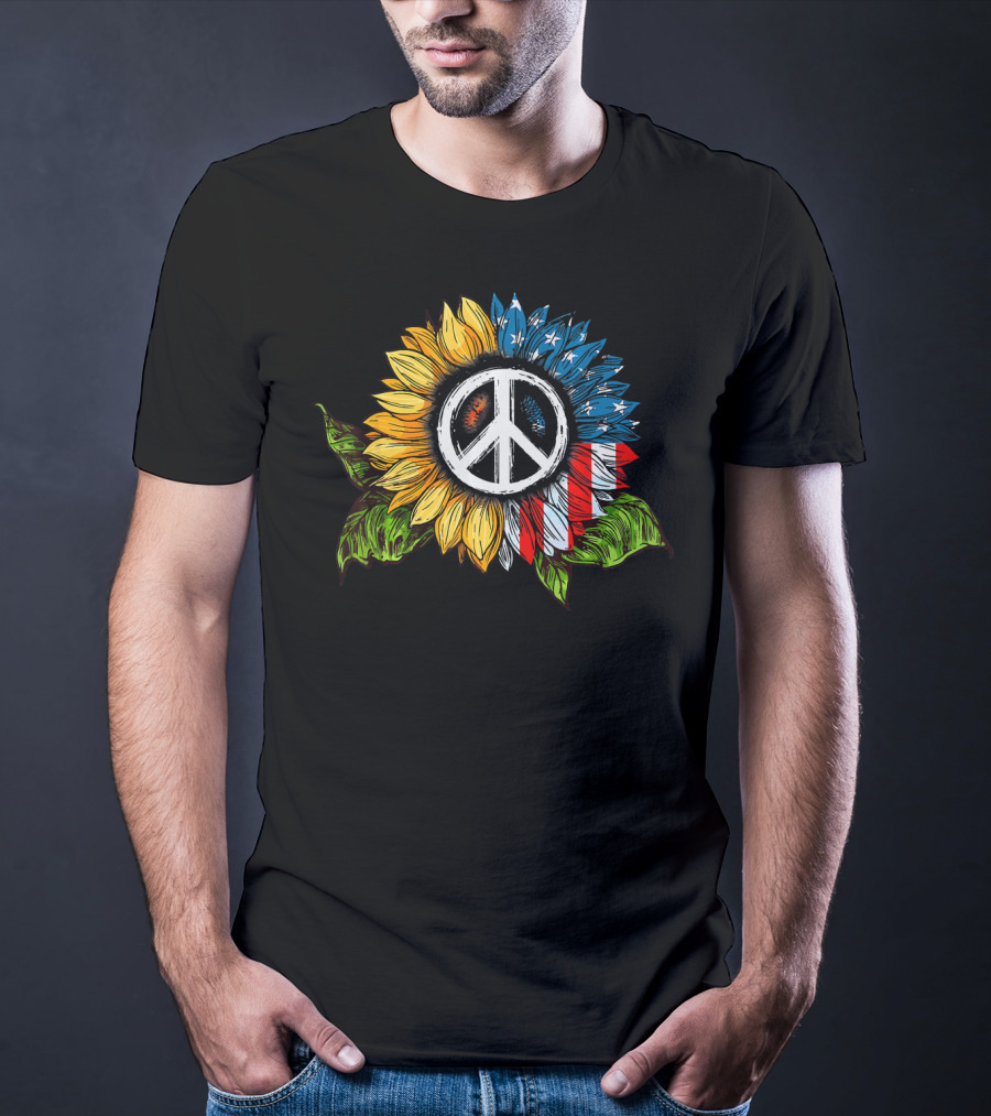 Sunflower Peace Sign American Flag T-Shirt