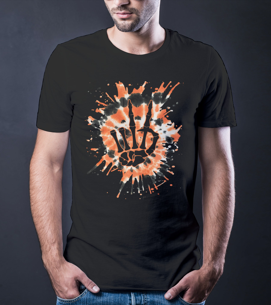 Orange Tie Dye Skeleton Hand Peace Sign T-Shirt