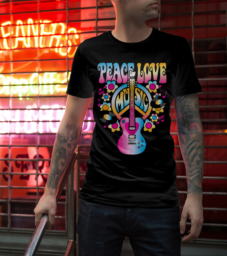 PEACE LOVE MUSIC Retro Rock And Roll Guitar Groovy 60s Style With Flowers And Peace T-Shirt