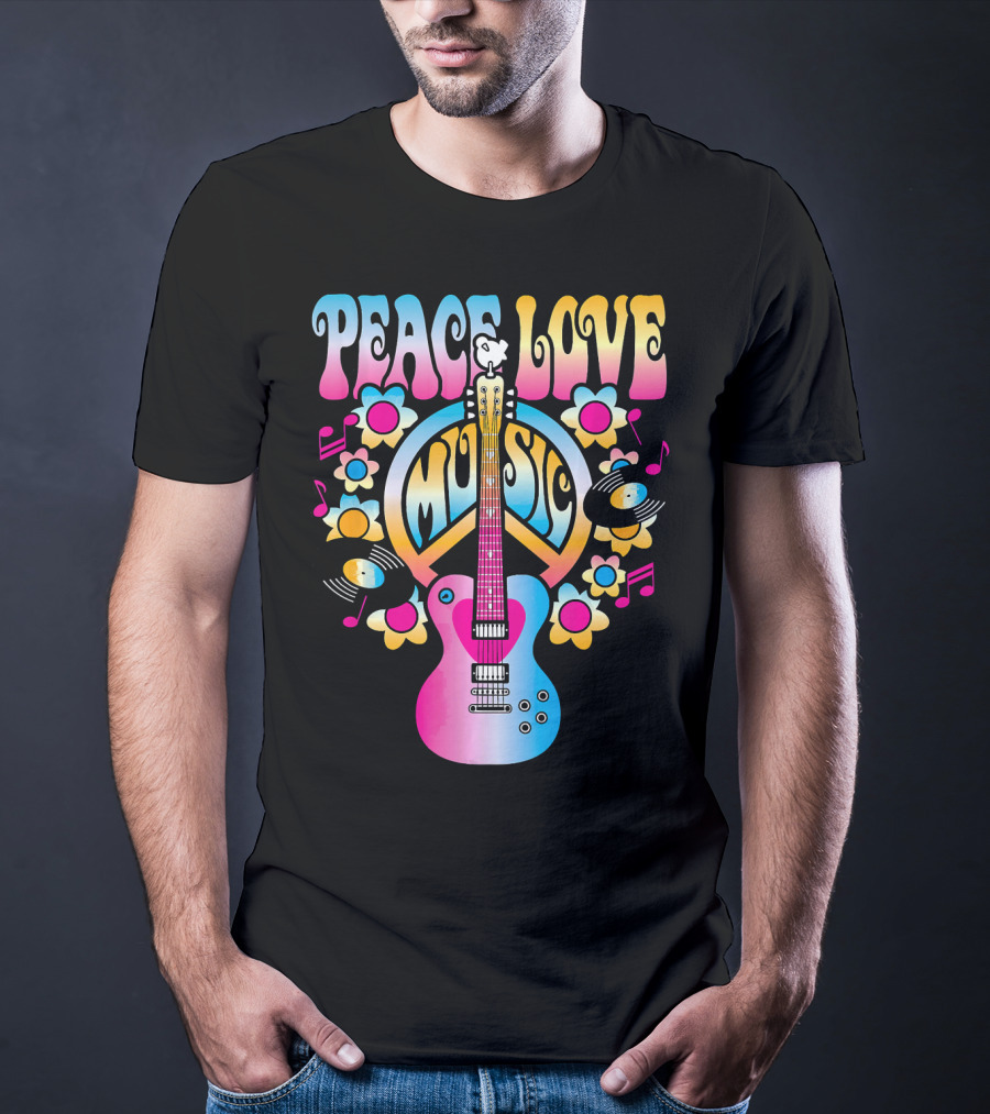 PEACE LOVE MUSIC Retro Rock And Roll Guitar Groovy 60s Style With Flowers And Peace T-Shirt