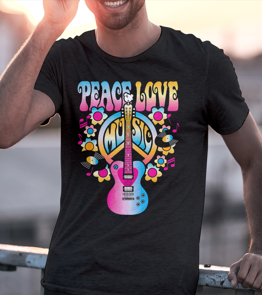 PEACE LOVE MUSIC Retro Rock And Roll Guitar Groovy 60s Style With Flowers And Peace T-Shirt
