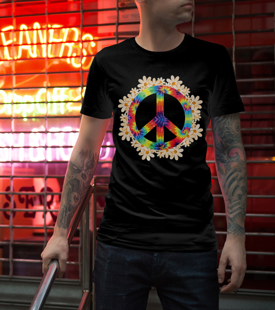 Rainbow Tie-Dye Peace Sign With Daisy Border T-Shirt