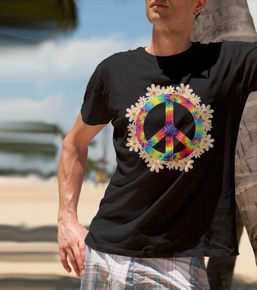 Rainbow Tie-Dye Peace Sign With Daisy Border T-Shirt