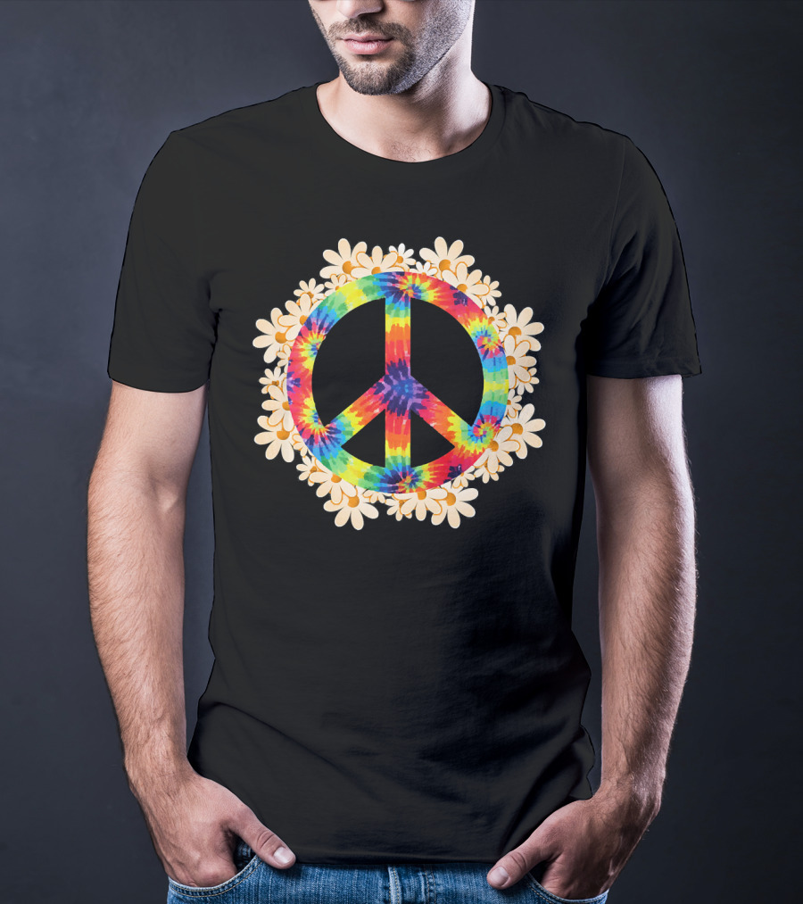Rainbow Tie-Dye Peace Sign With Daisy Border T-Shirt