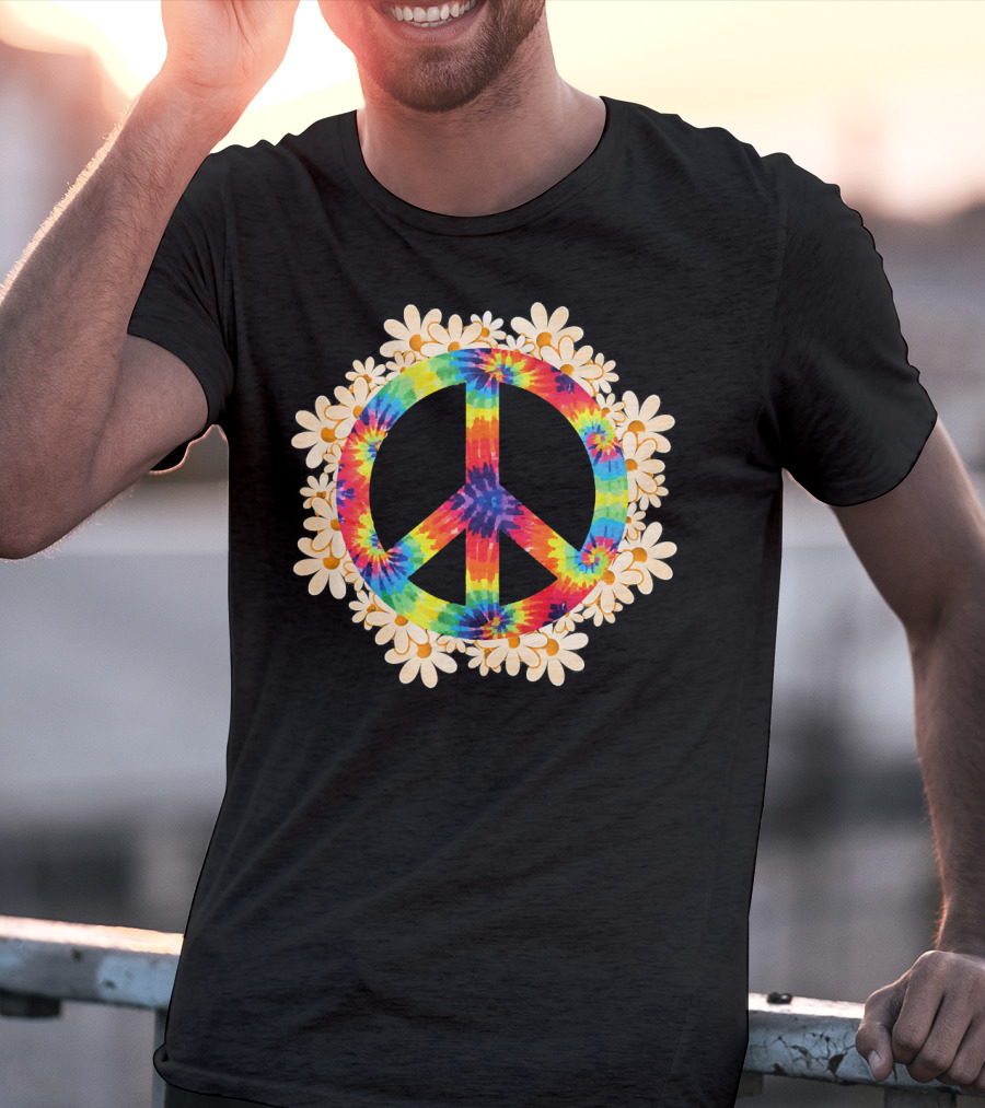 Rainbow Tie-Dye Peace Sign With Daisy Border T-Shirt
