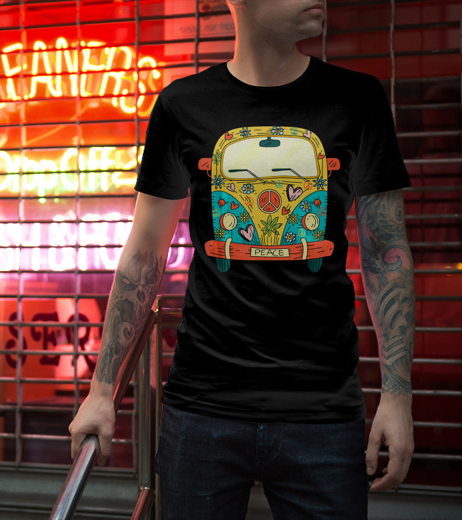 Peace Hippie Van Colorful Flowers And Hearts T-Shirt