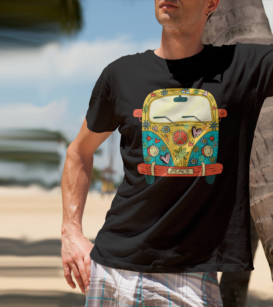 Peace Hippie Van Colorful Flowers And Hearts T-Shirt
