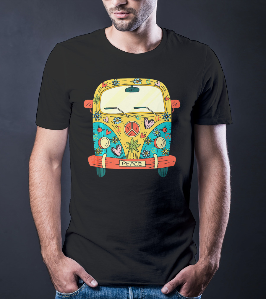 Peace Hippie Van Colorful Flowers And Hearts T-Shirt