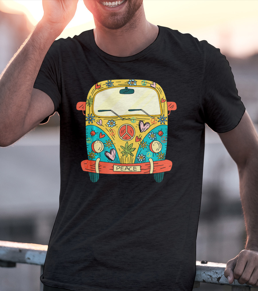 Peace Hippie Van Colorful Flowers And Hearts T-Shirt