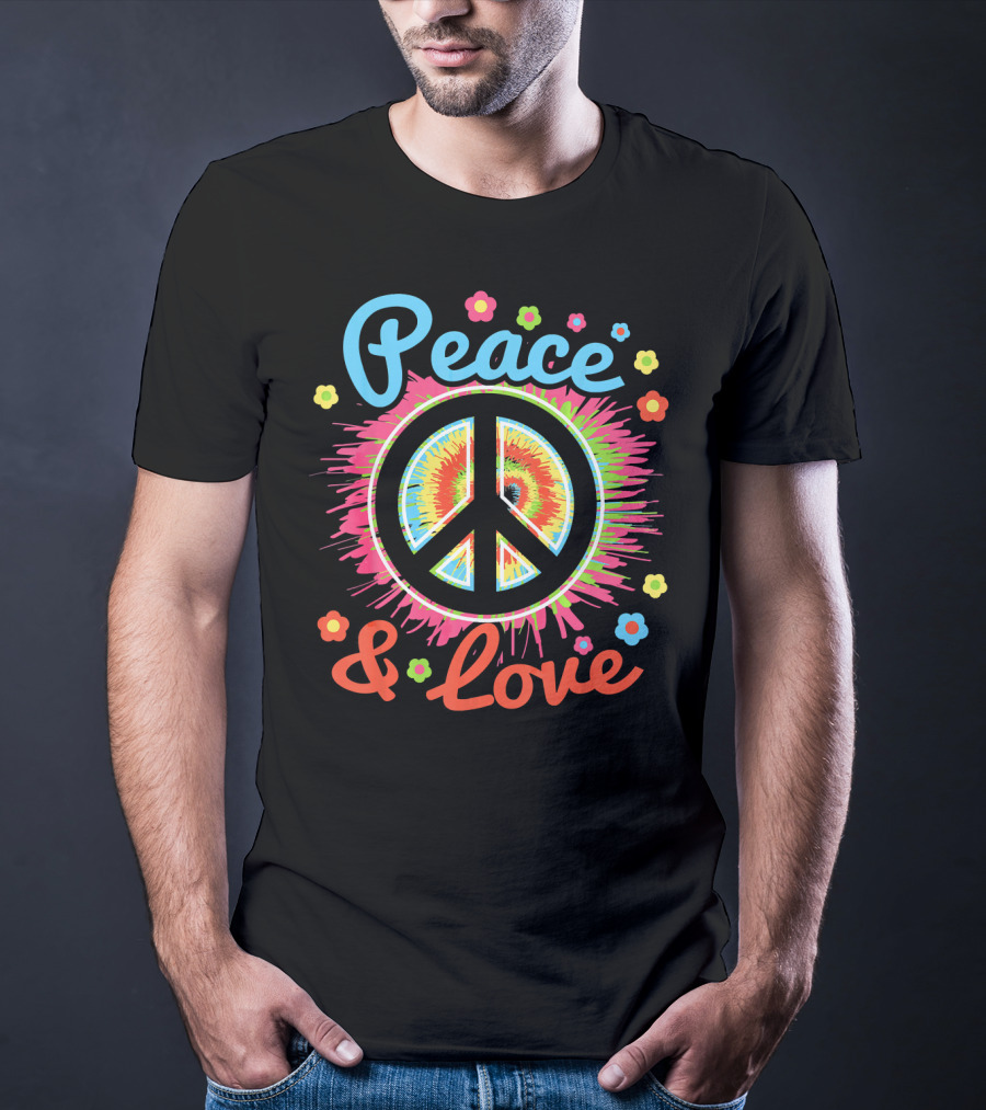 Peace And Love Tie-Dye Peace Sign With Colorful Flowers T-Shirt