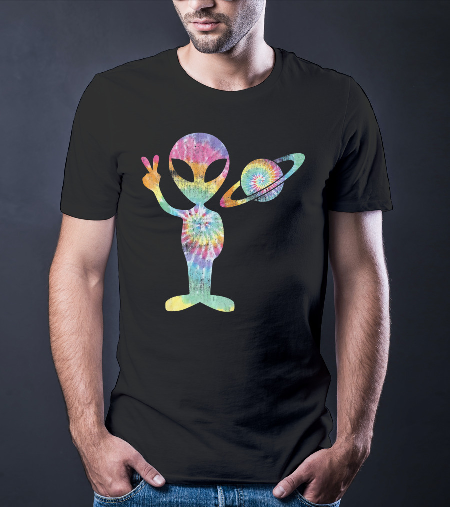 Funny Tie Dye Alien Peace Sign With Planet T-Shirt