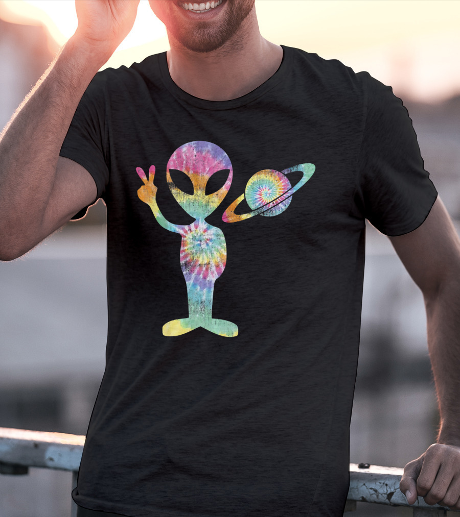 Funny Tie Dye Alien Peace Sign With Planet T-Shirt