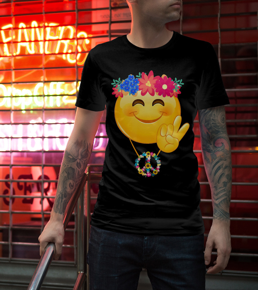 Hippie Flower Power Crown Smiley Peace Sign Necklace T-Shirt