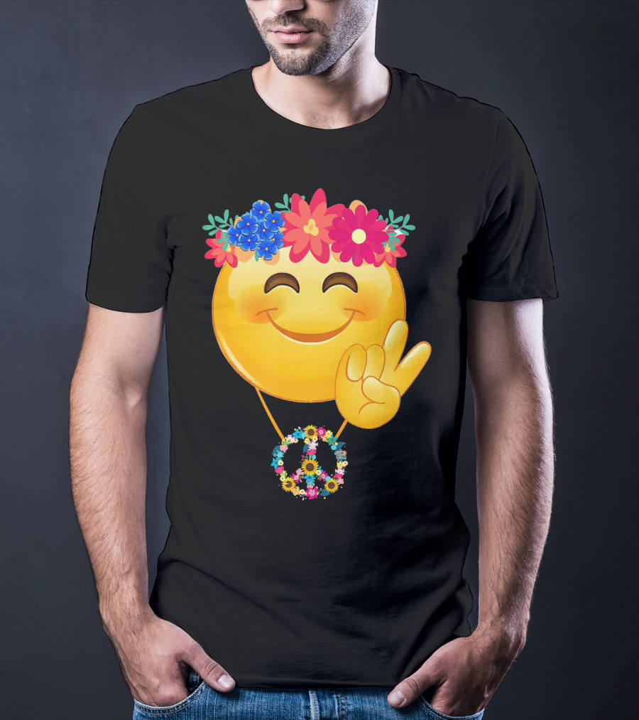 Hippie Flower Power Crown Smiley Peace Sign Necklace T-Shirt