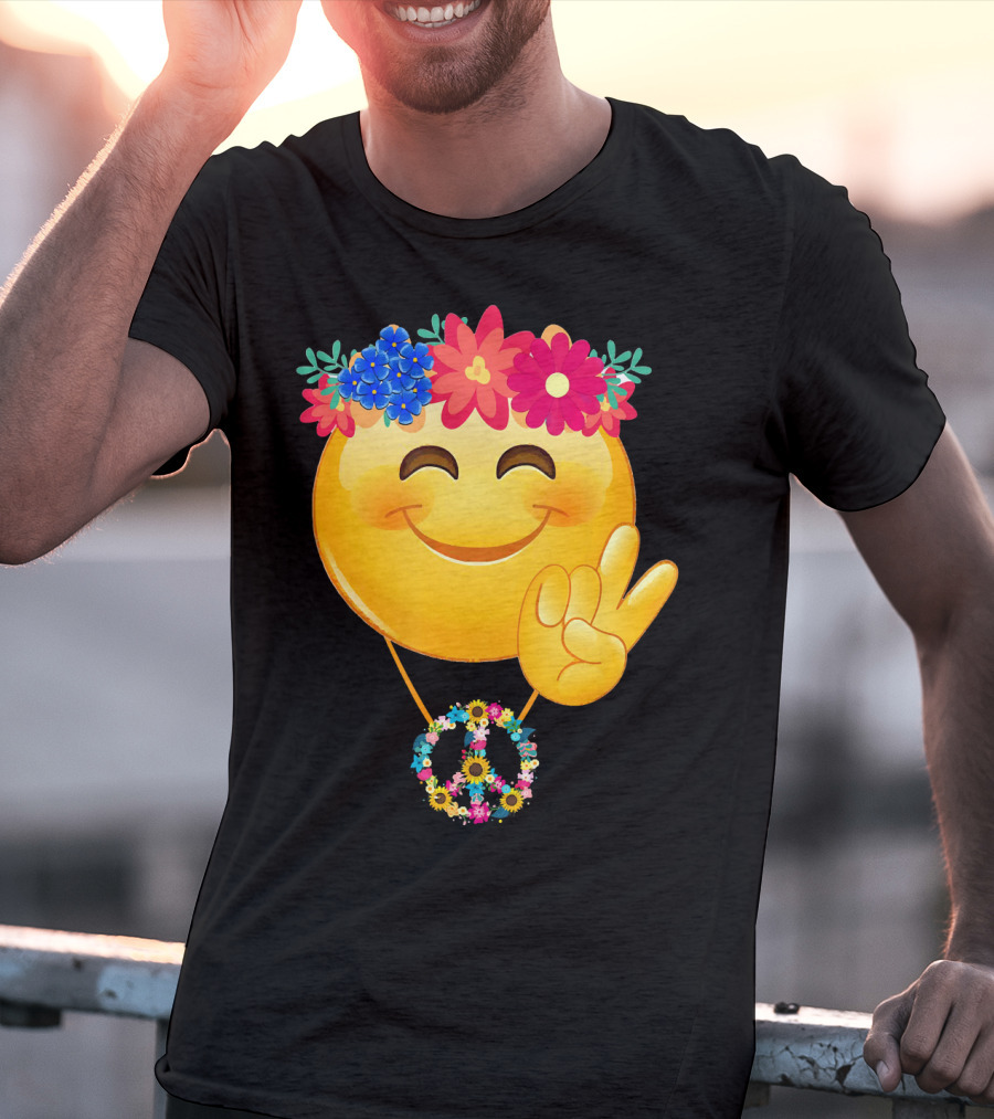 Hippie Flower Power Crown Smiley Peace Sign Necklace T-Shirt