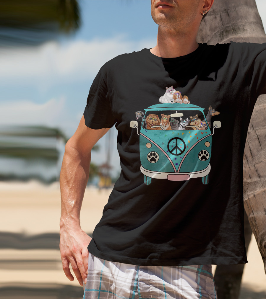 Dogs Riding A Peace Sign Paw Print Bus T-Shirt