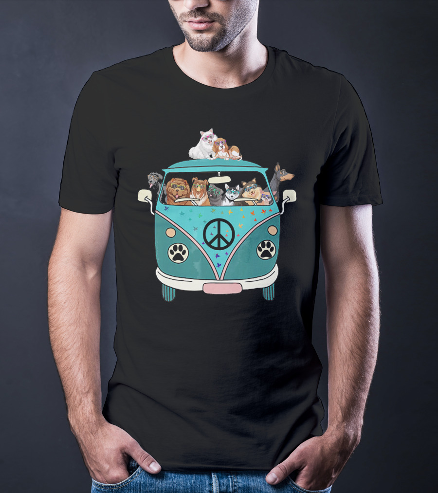 Dogs Riding A Peace Sign Paw Print Bus T-Shirt