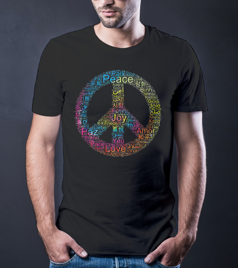 Peace Love Joy Multilingual Peace Symbol Text T-Shirt