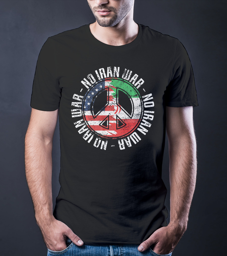 No Iran War Peace Symbol With American And Iranian Flags T-Shirt
