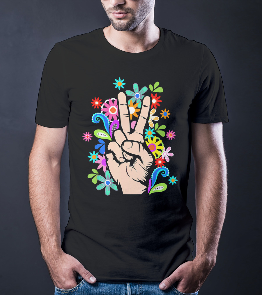Hippie Cool Hand Peace Sign Surrounded By Colorful Flowers T-Shirt
