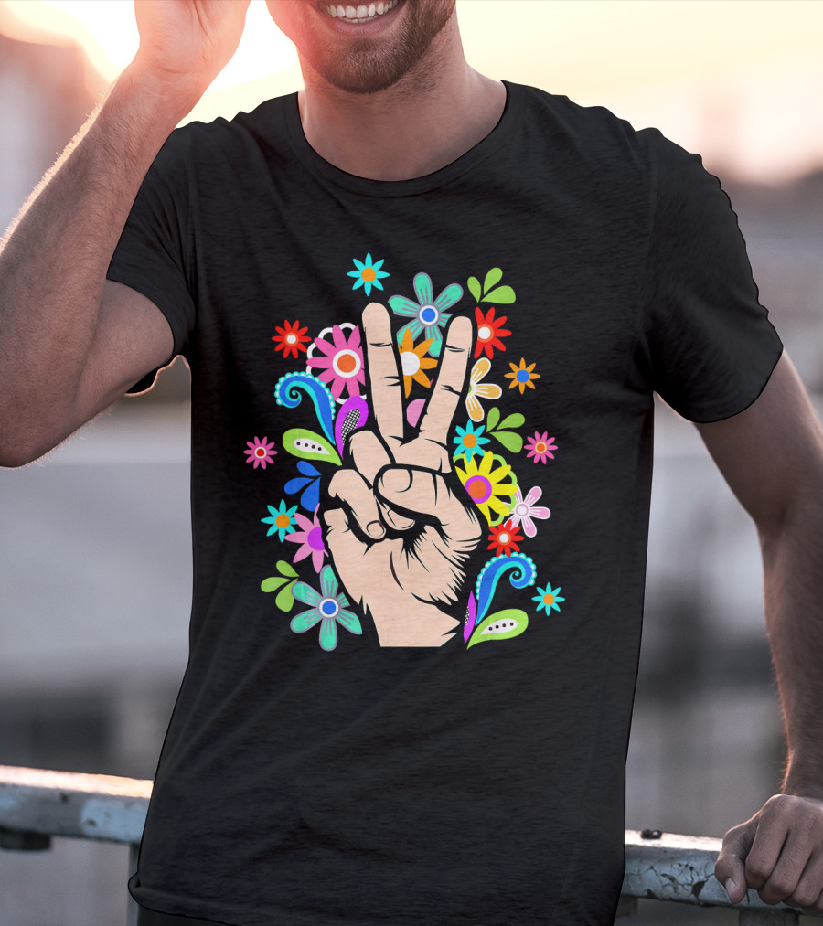 Hippie Cool Hand Peace Sign Surrounded By Colorful Flowers T-Shirt