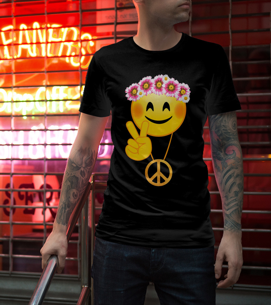 Peace Sign Smiley Face Flower Crown Hippie Necklace T-Shirt