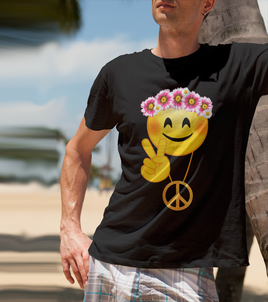 Peace Sign Smiley Face Flower Crown Hippie Necklace T-Shirt