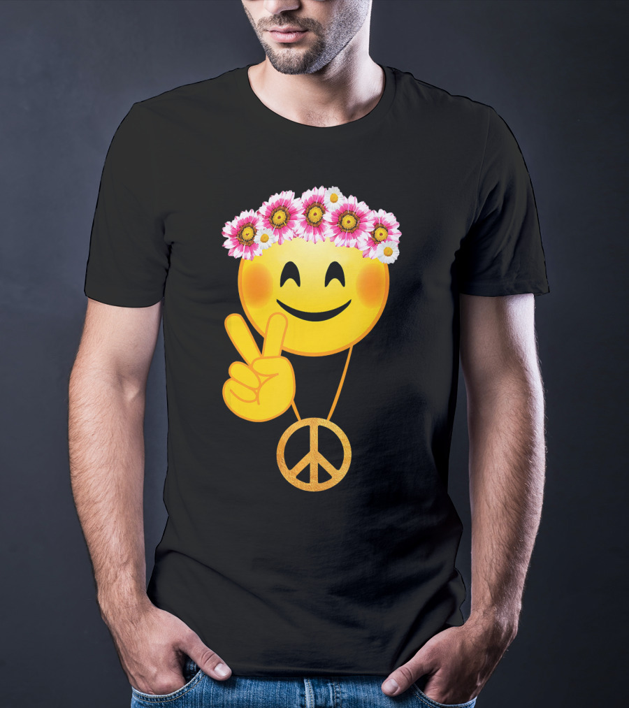 Peace Sign Smiley Face Flower Crown Hippie Necklace T-Shirt