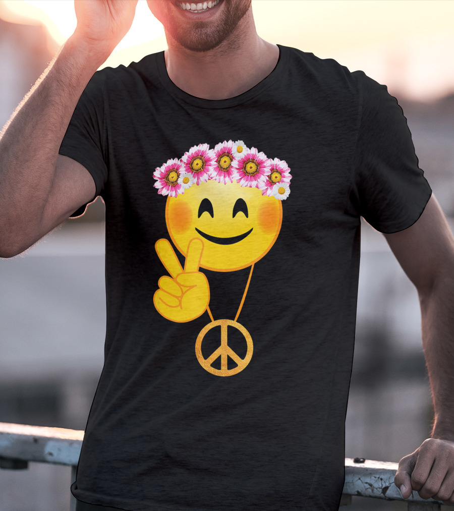 Peace Sign Smiley Face Flower Crown Hippie Necklace T-Shirt