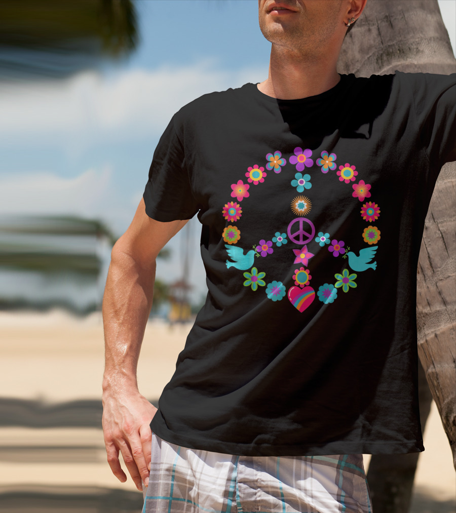 Peace Sign Flowers Dove 60s 70s Heart T-Shirt