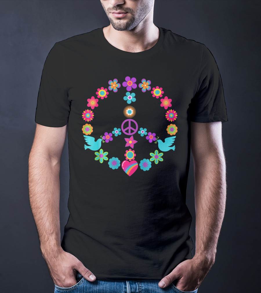 Peace Sign Flowers Dove 60s 70s Heart T-Shirt