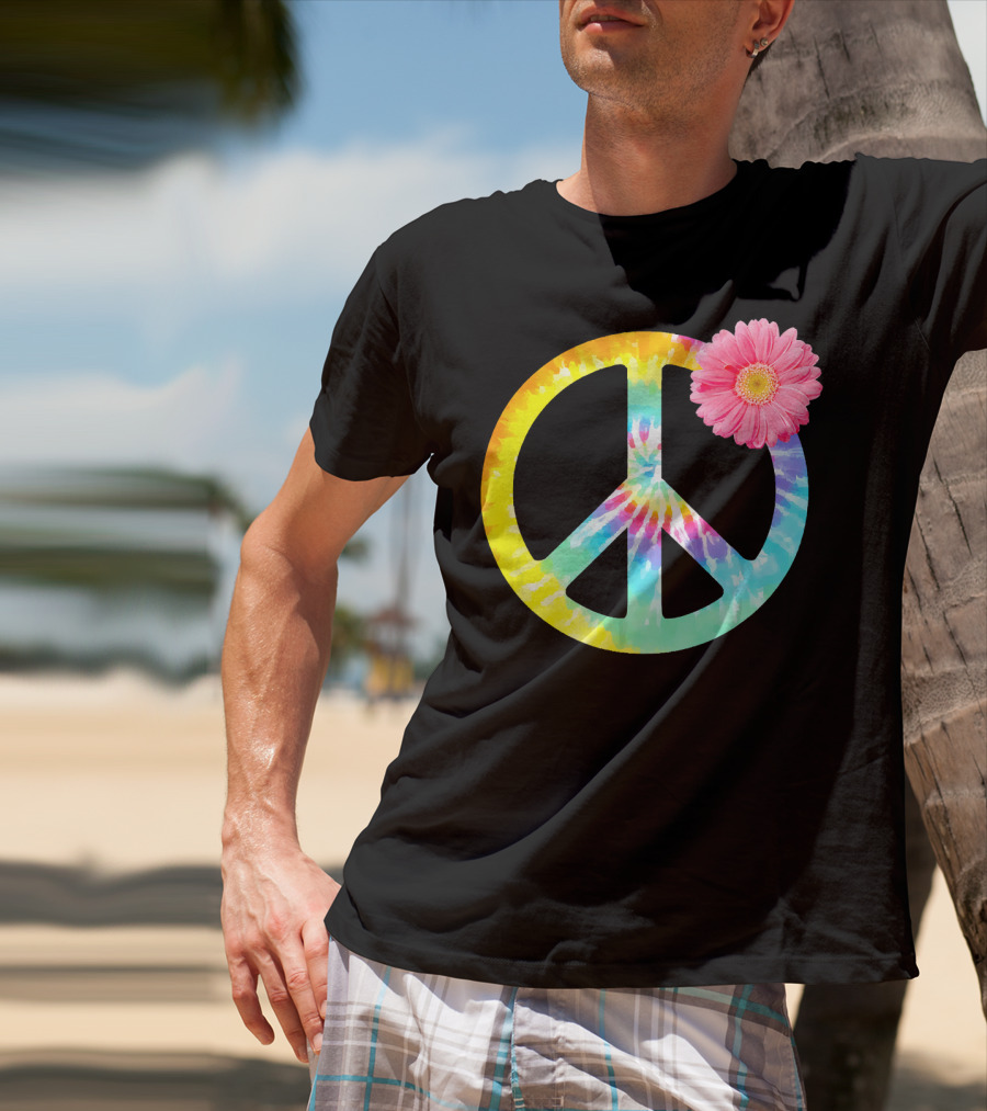 Boho Tie Dye Peace Sign With Pink Flower T-Shirt