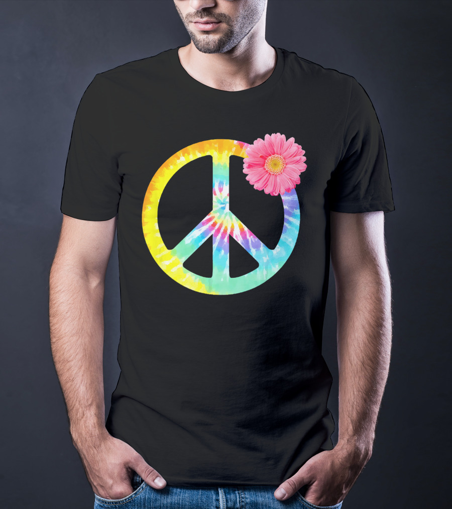 Boho Tie Dye Peace Sign With Pink Flower T-Shirt