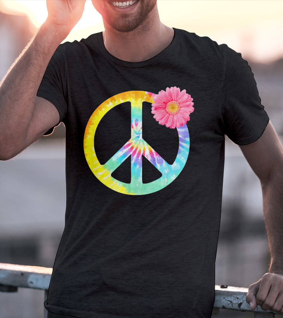 Boho Tie Dye Peace Sign With Pink Flower T-Shirt