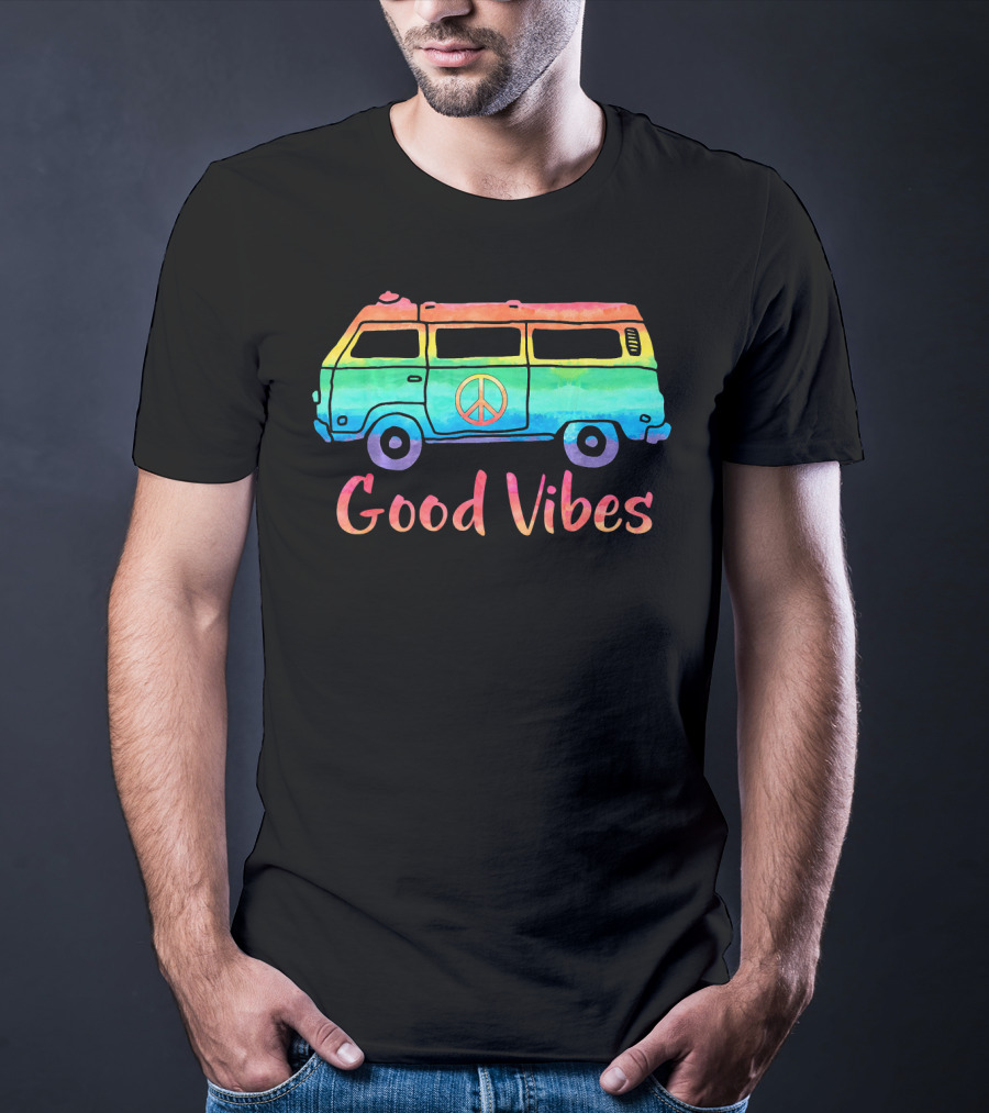 Good Vibes Vintage Hippie Bus Rainbow Van Peace T-Shirt