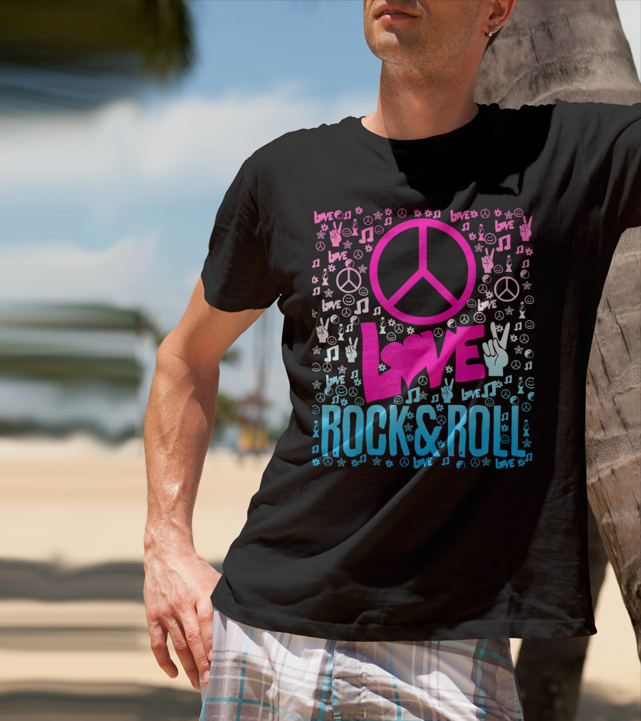 Peace Love Rock And Roll Music Icons And Hippie Symbols T-Shirt
