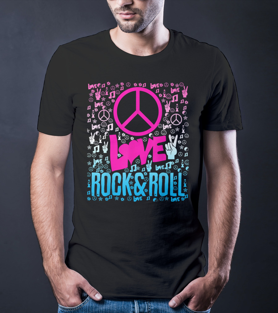 Peace Love Rock And Roll Music Icons And Hippie Symbols T-Shirt