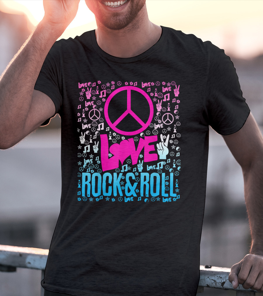 Peace Love Rock And Roll Music Icons And Hippie Symbols T-Shirt