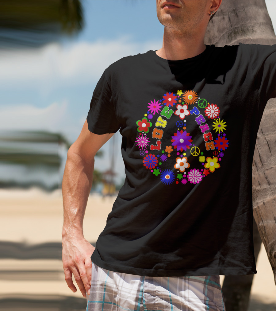 Love Peace Sign Retro Flowers Hippie Col Colorful Groovy T-Shirt