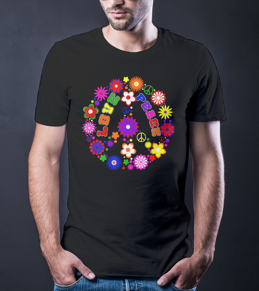 Love Peace Sign Retro Flowers Hippie Col Colorful Groovy T-Shirt