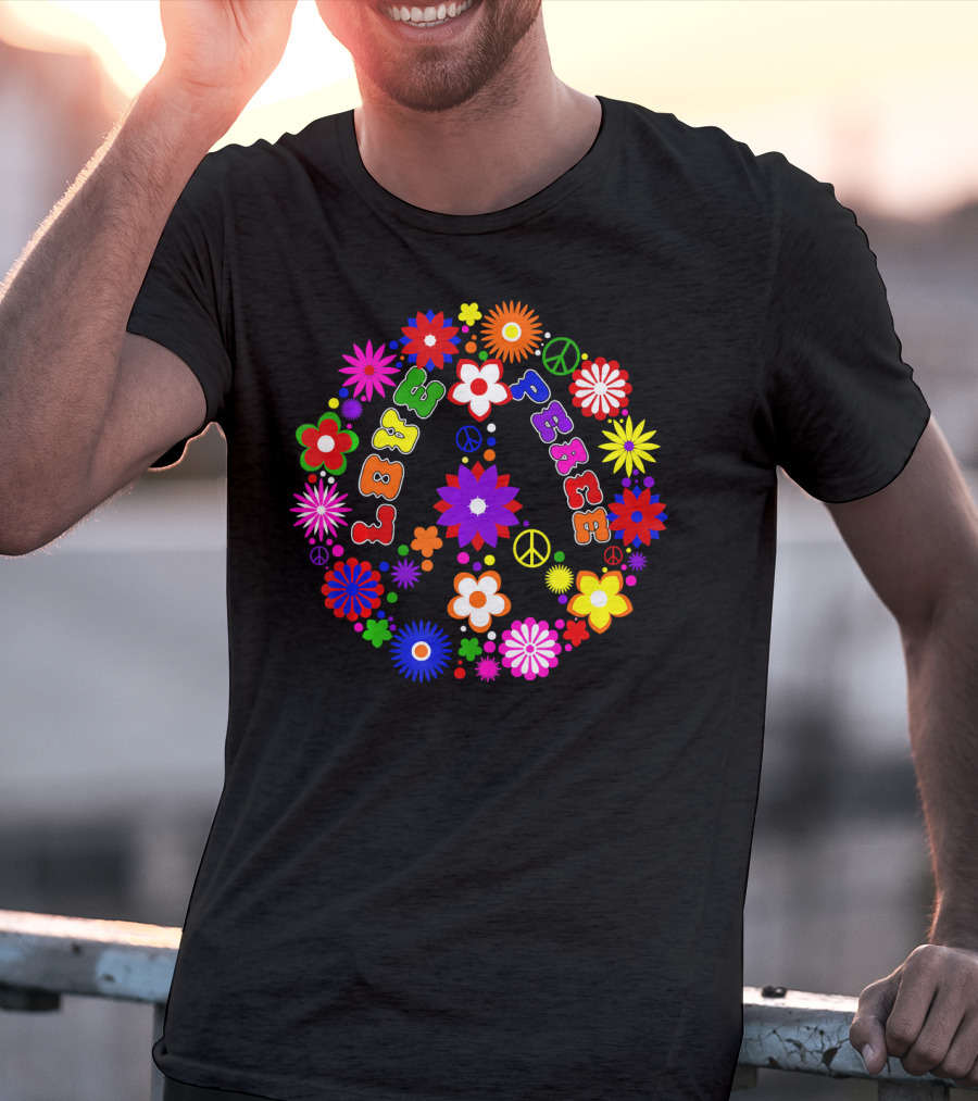 Love Peace Sign Retro Flowers Hippie Col Colorful Groovy T-Shirt