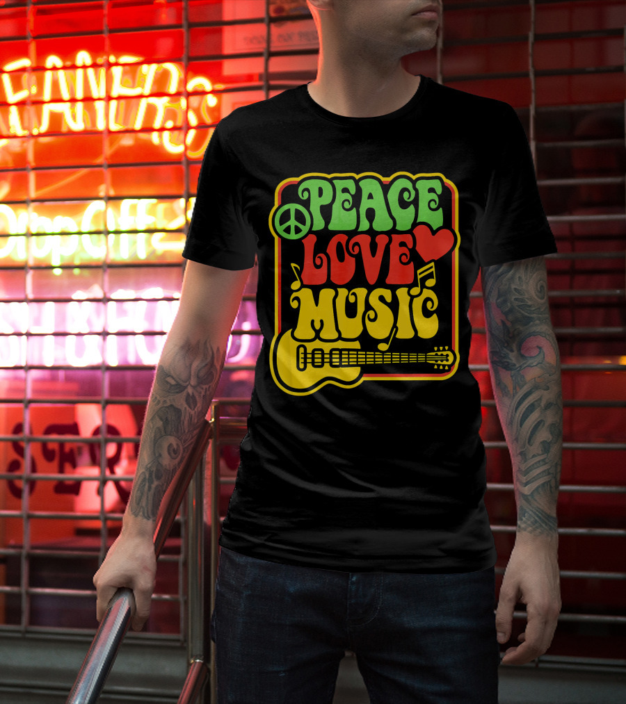PEACE LOVE MUSIC Rock And Roll Reggae Guitar T-Shirt