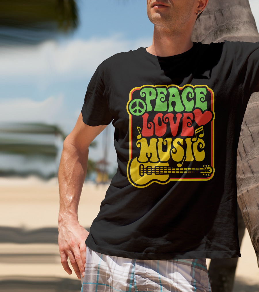 PEACE LOVE MUSIC Rock And Roll Reggae Guitar T-Shirt