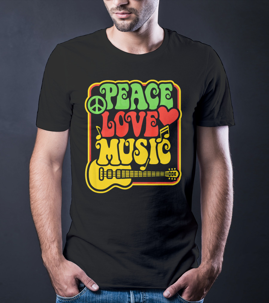 PEACE LOVE MUSIC Rock And Roll Reggae Guitar T-Shirt