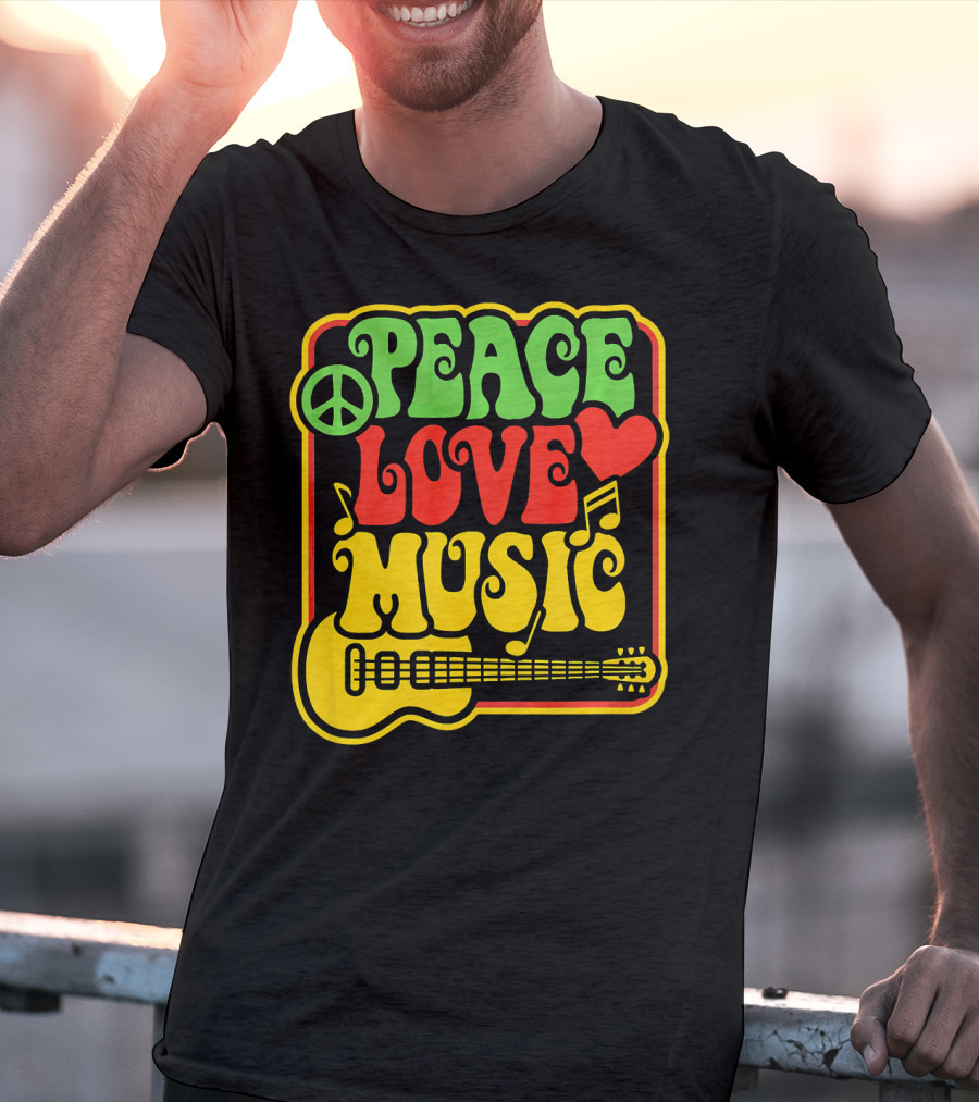 PEACE LOVE MUSIC Rock And Roll Reggae Guitar T-Shirt