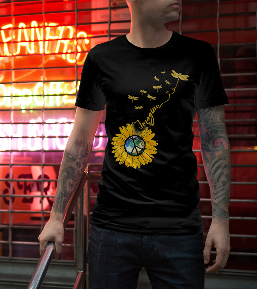 Imagine Peace Earth Sunflower Dragonflies T-Shirt