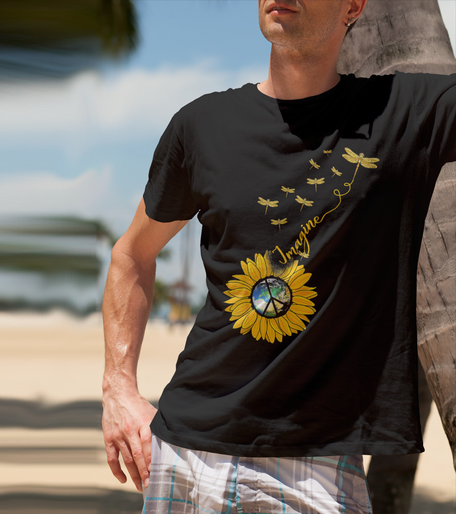 Imagine Peace Earth Sunflower Dragonflies T-Shirt