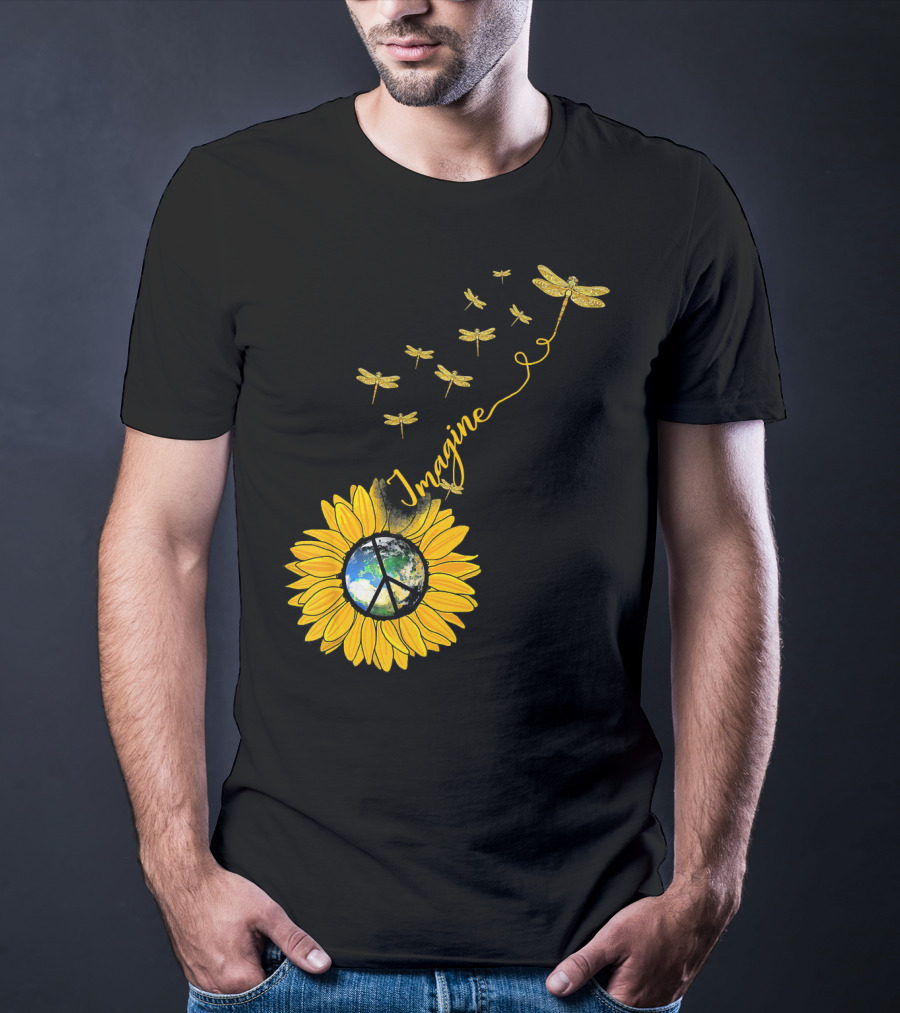 Imagine Peace Earth Sunflower Dragonflies T-Shirt